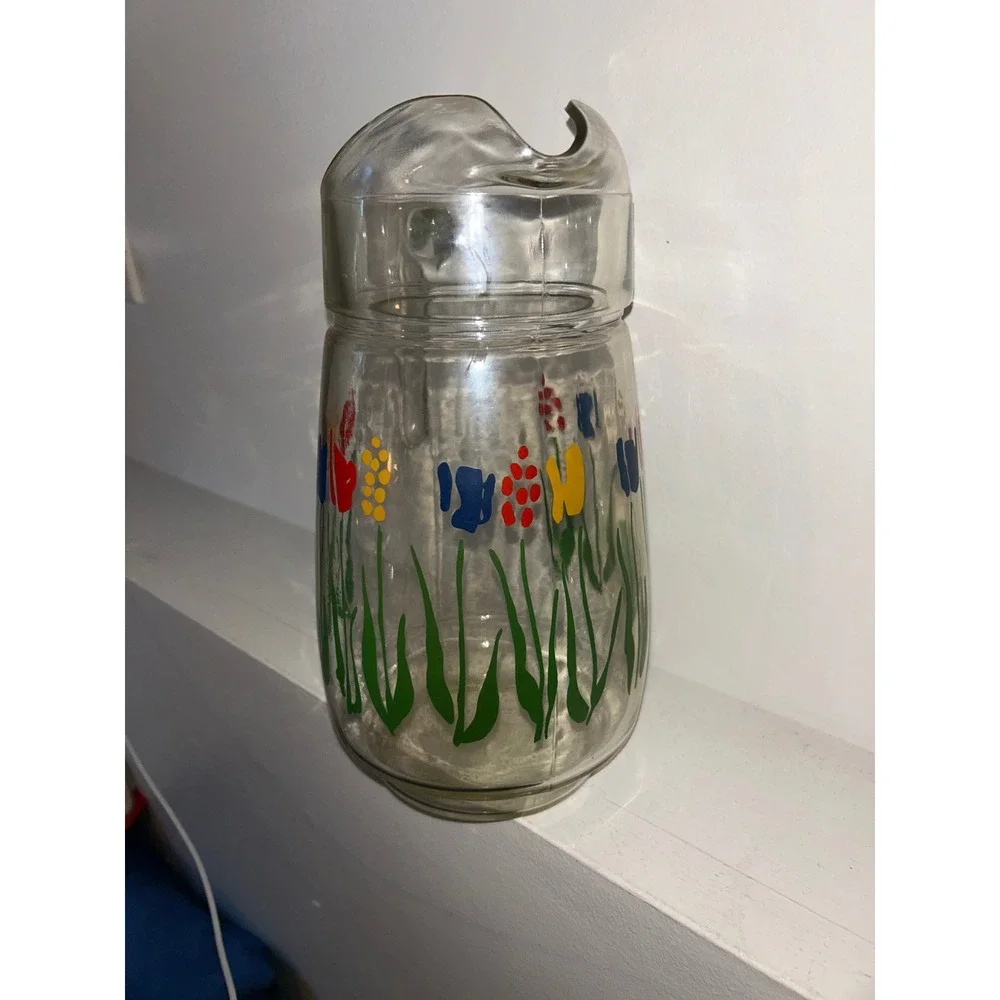Vintage Hand Painted Tulip Glass Pitcher Clear Floral Juice Water Carafe